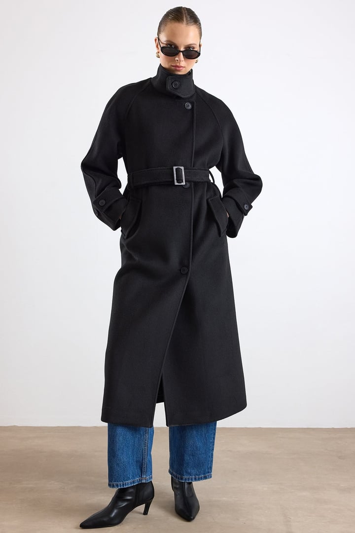 Dik Yaka Pat Detaylı Oversize Kaban SİYAH 3177