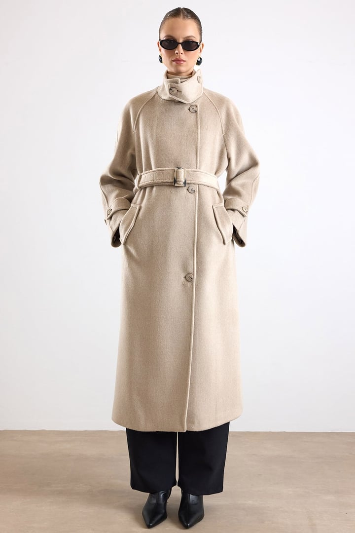 Dik Yaka Pat Detaylı Oversize Kaban TAŞ 3177