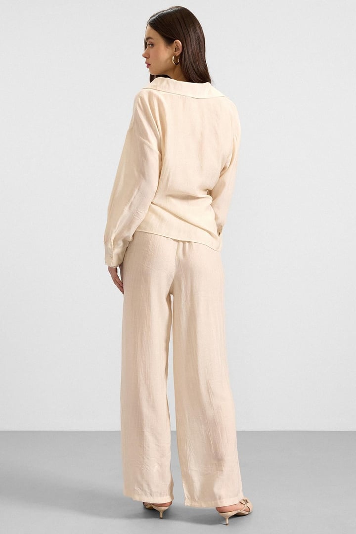 Düğme ve Bağcık Kapamalı Kimono Pantolon İkili Takım KREM 9414-TK