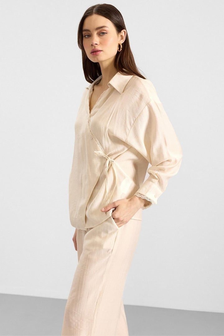 Düğme ve Bağcık Kapamalı Kimono Pantolon İkili Takım KREM 9414-TK