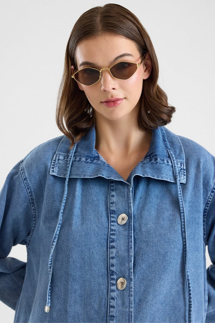 Eteği Büzgülü Bağcık Detaylı Oversize Ceket MAVİ 8288