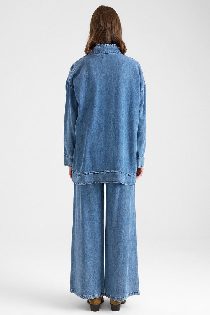 Fermuar Kapamalı Bağcık Detaylı Soft Denim Ceket Pantolon İkili Takım MAVİ 9468-TK