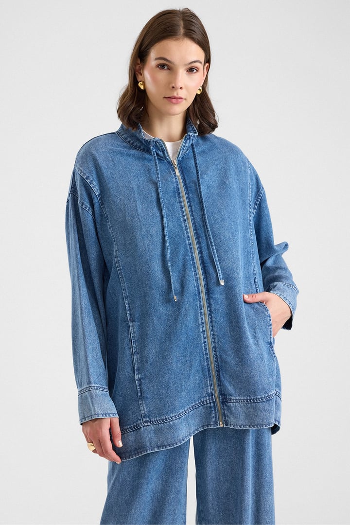 Fermuar Kapamalı Bağcık Detaylı Soft Denim Ceket Pantolon İkili Takım MAVİ 9468-TK