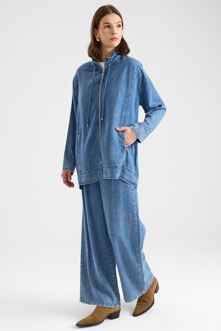 Fermuar Kapamalı Bağcık Detaylı Soft Denim Ceket Pantolon İkili Takım MAVİ 9468-TK