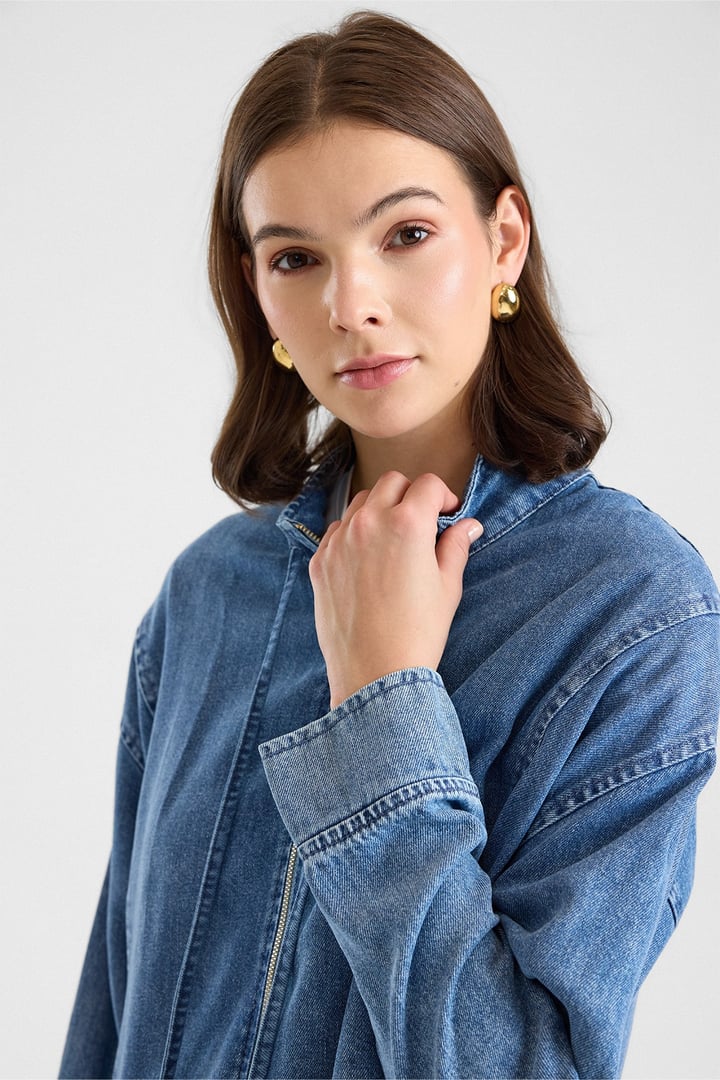 Fermuar Kapamalı Bağcık Detaylı Soft Denim Ceket Pantolon İkili Takım MAVİ 9468-TK