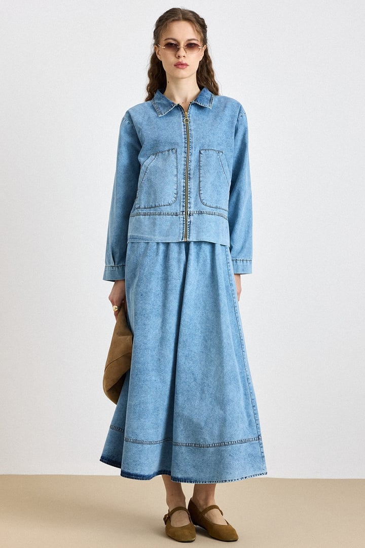 Fermuar Kapamalı Ceket Etek Denim Takım MAVİ 9447-TK