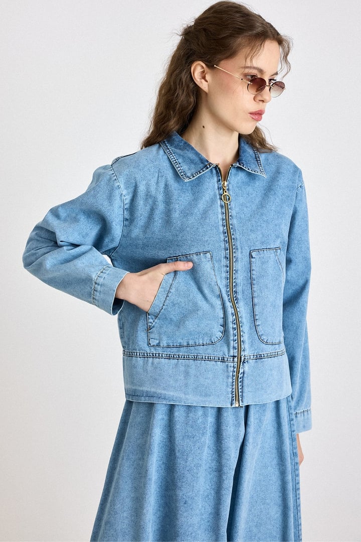 Fermuar Kapamalı Ceket Etek Denim Takım MAVİ 9447-TK