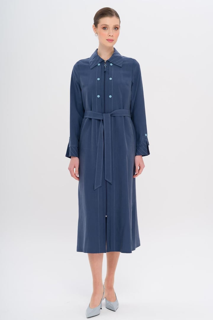 Unlined Modal Coat with Zipper Closure and Stitching Details İNDİGO 6721