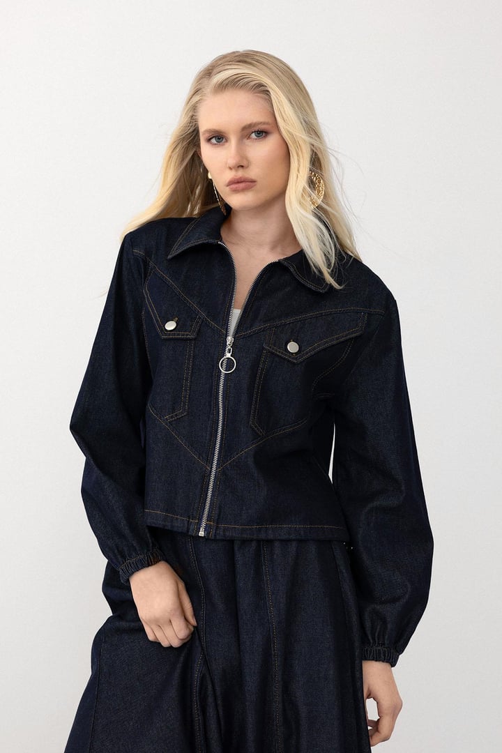 Fermuar Kapamalı Etek Ceket Denim Takım LACİVERT 9266-TK