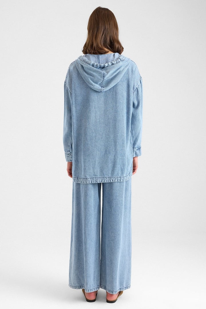 Fermuar Kapamalı Kapüşonlu Soft Denim Ceket Pantolon İkili Takım AÇIK MAVİ 9402-TK