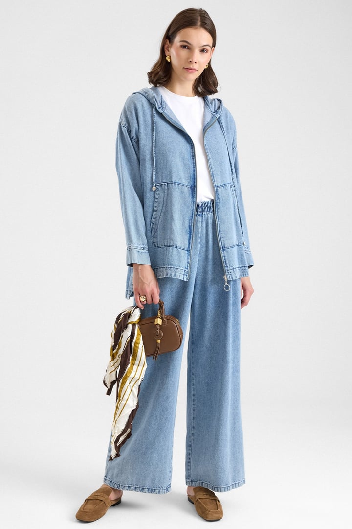 Fermuar Kapamalı Kapüşonlu Soft Denim Ceket Pantolon İkili Takım AÇIK MAVİ 9402-TK