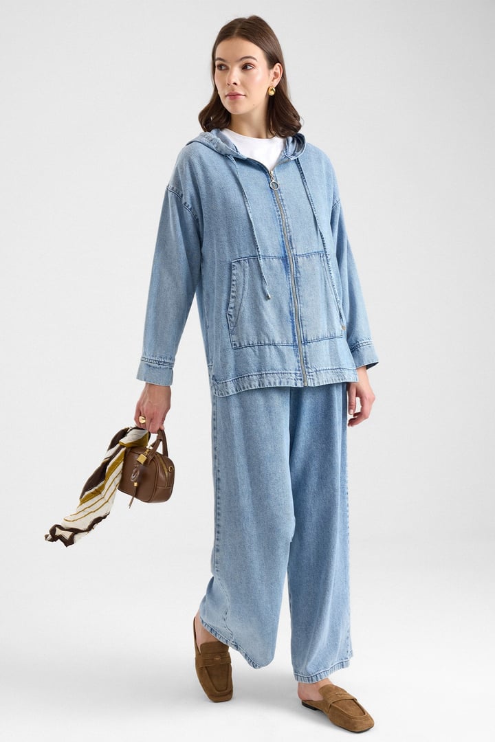 Fermuar Kapamalı Kapüşonlu Soft Denim Ceket Pantolon İkili Takım AÇIK MAVİ 9402-TK