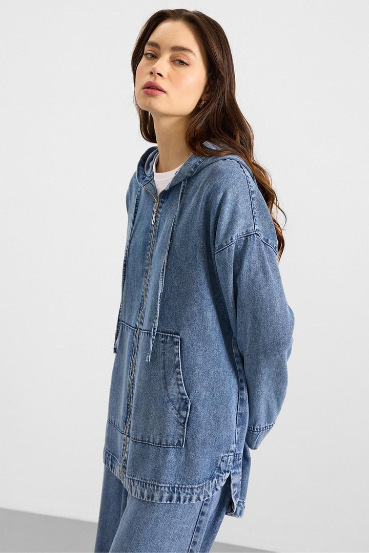 Fermuar Kapamalı Kapüşonlu Soft Denim Ceket Pantolon İkili Takım MAVİ 9402-TK