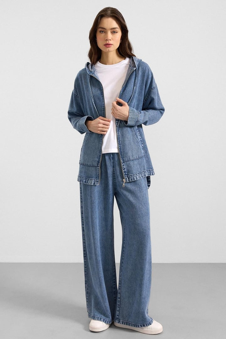 Fermuar Kapamalı Kapüşonlu Soft Denim Ceket Pantolon İkili Takım MAVİ 9402-TK