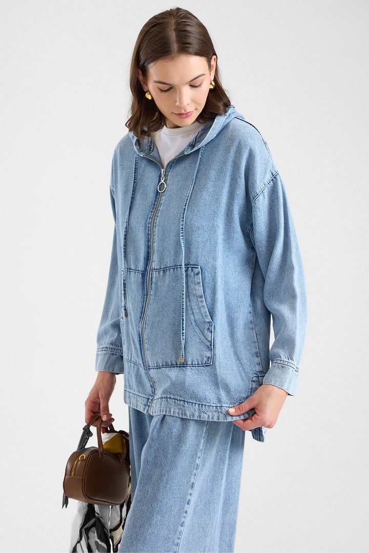 Fermuar Kapamalı Kapüşonlu Soft Denim Ceket Pantolon İkili Takım AÇIK MAVİ 9402-TK
