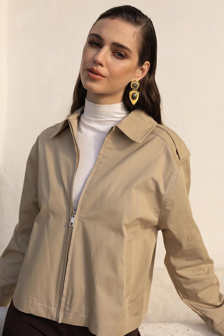 Fermuarlı Kısa Gabardin Ceket BEJ 8260