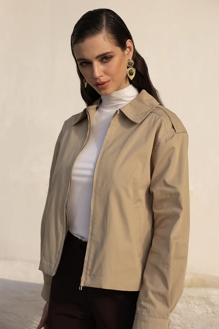 Fermuarlı Kısa Gabardin Ceket BEJ 8260