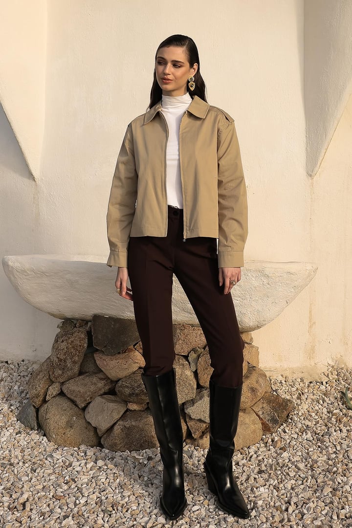 Fermuarlı Kısa Gabardin Ceket BEJ 8260
