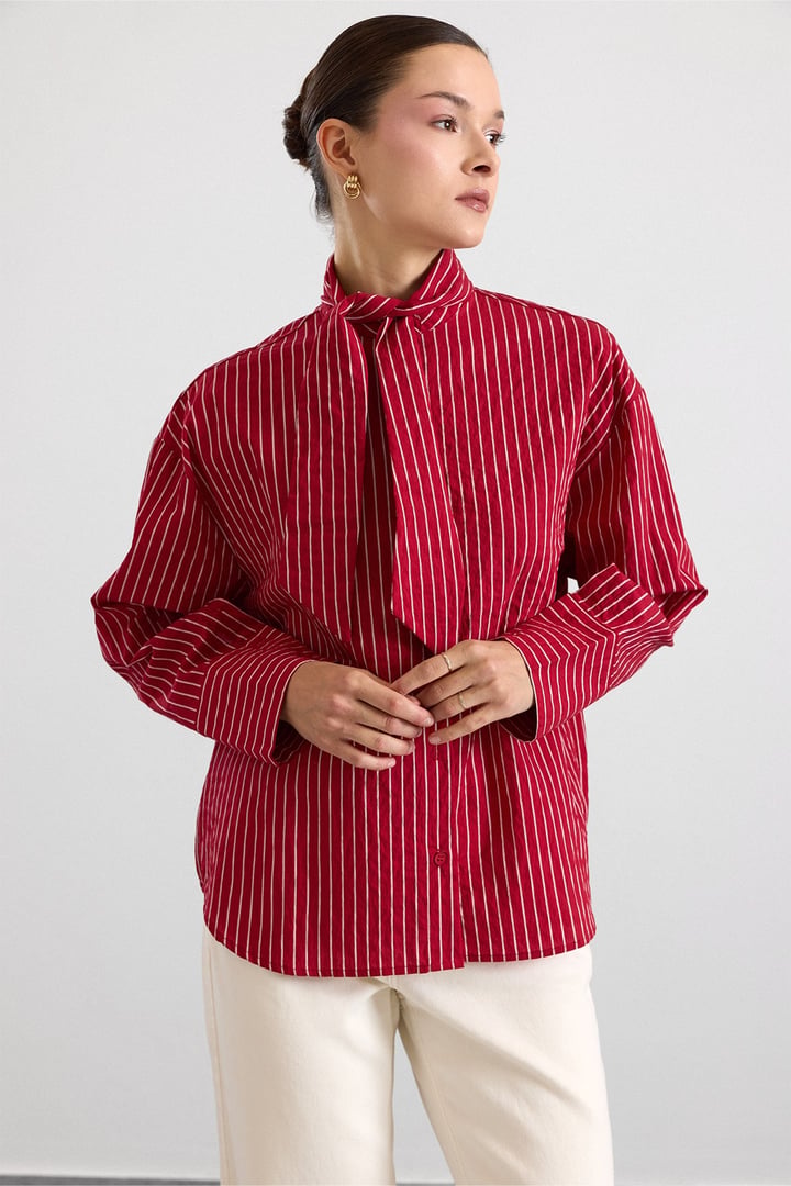 Fular Detaylı Çizgili Gömlek KIRMIZI 9477