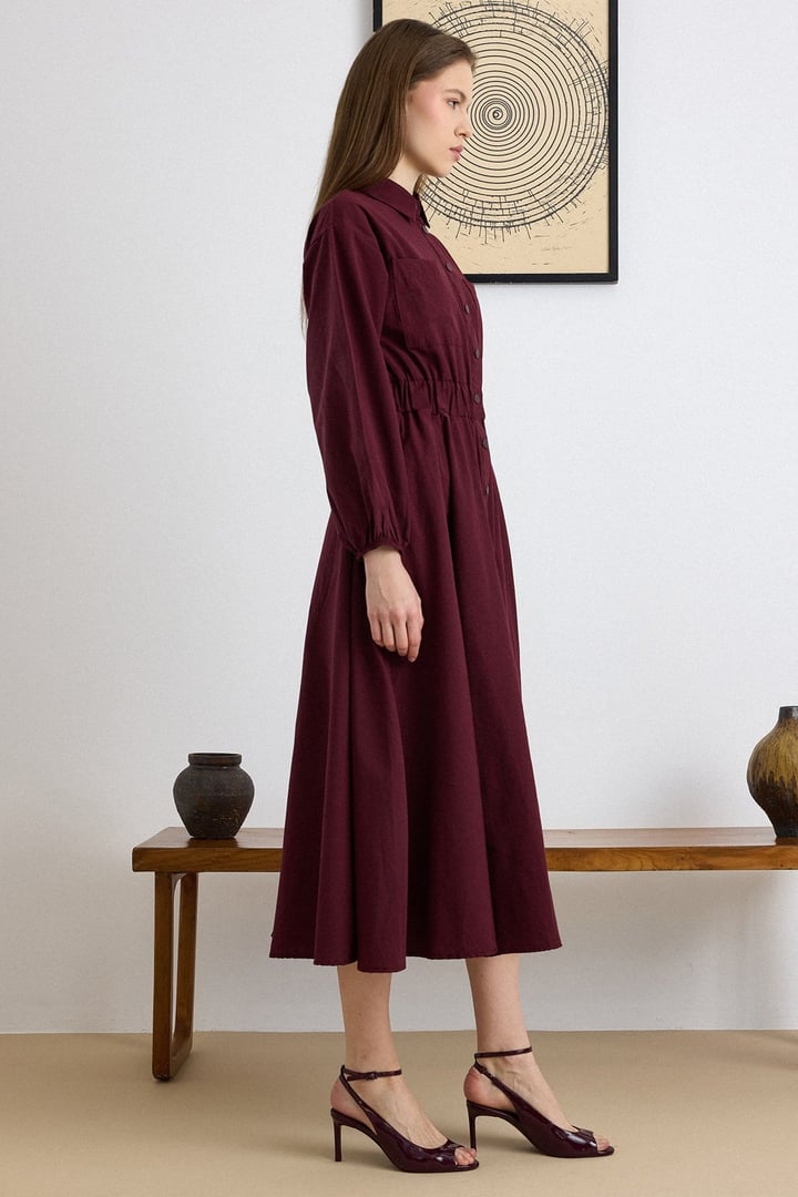 Göğüs Cepli Beli Lastikli Poplin Elbise BORDO 9286-E