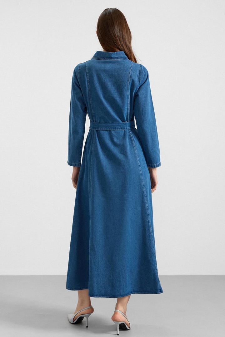 Gömlek Yaka Fermuar Detaylı Kloş Denim Elbise MAVİ 9389-E