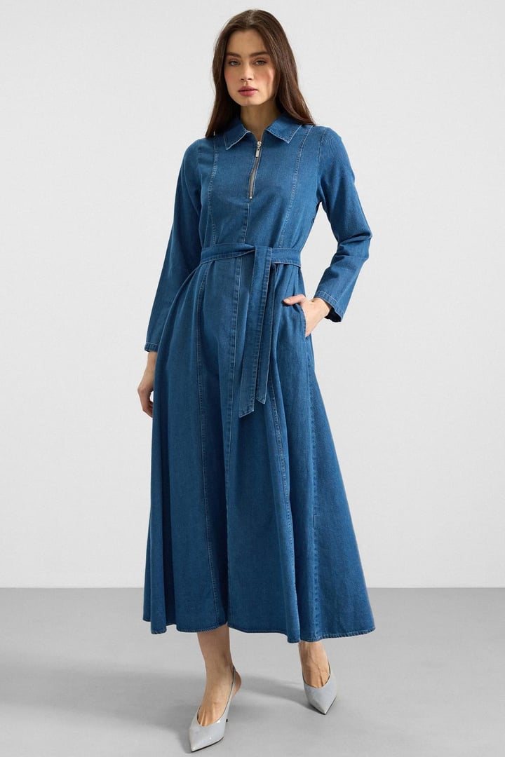 Gömlek Yaka Fermuar Detaylı Kloş Denim Elbise MAVİ 9389-E