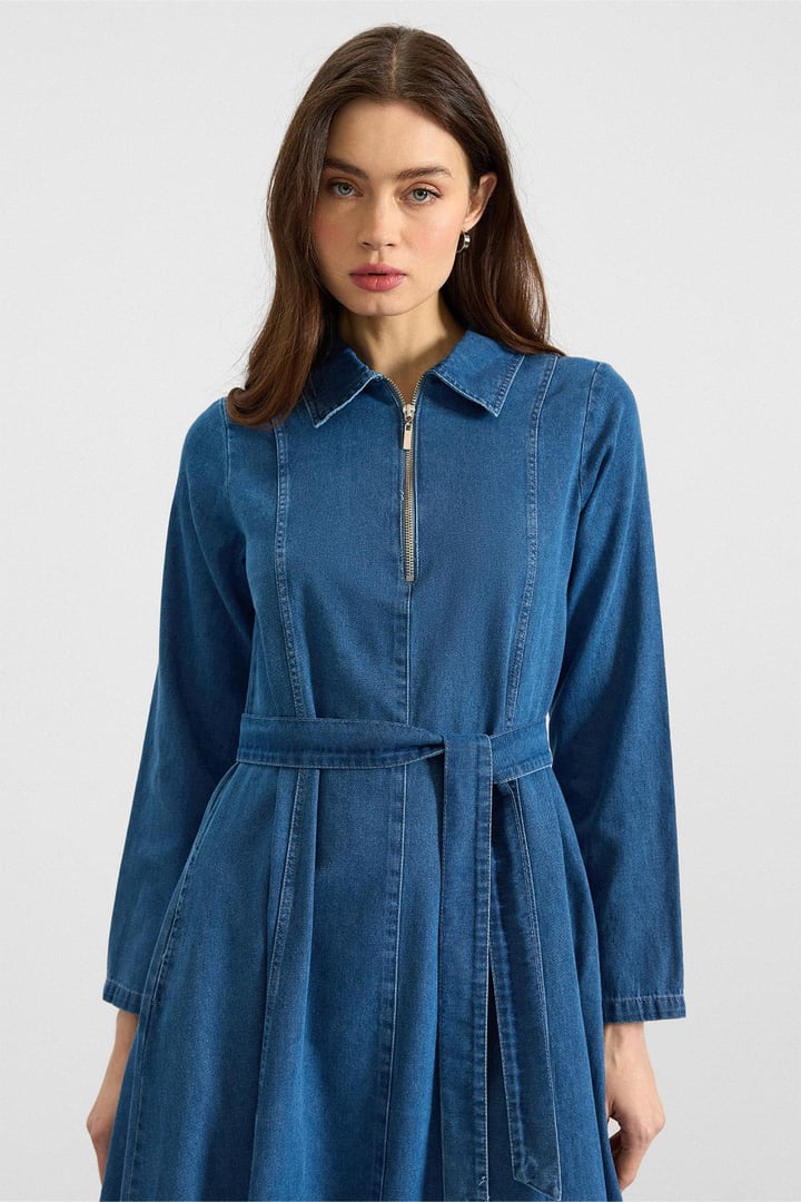Gömlek Yaka Fermuar Detaylı Kloş Denim Elbise MAVİ 9389-E