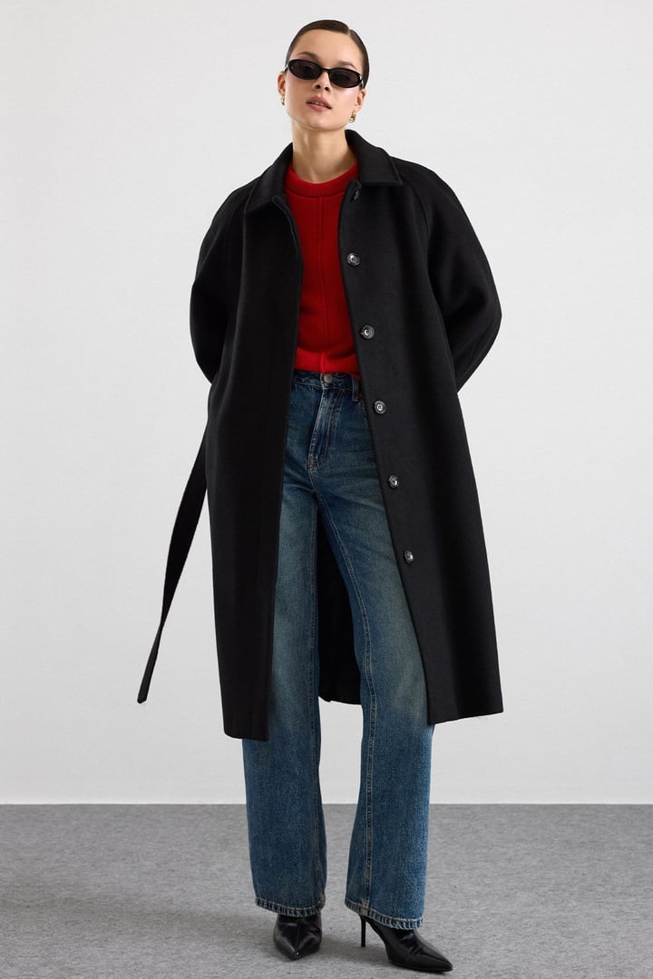 Gömlek Yaka Oversize Ara Boy Kaban SİYAH 3194
