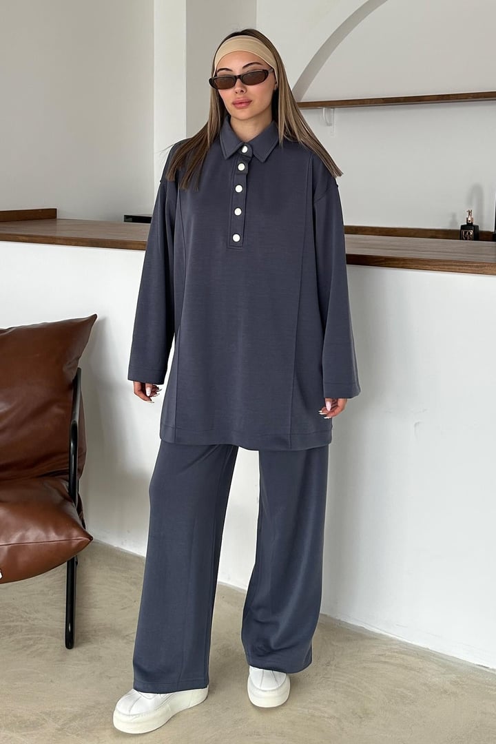 Gömlek Yaka Premium Örme Kumaş Tunik Pantolon Takım İNDİGO 9374-TK