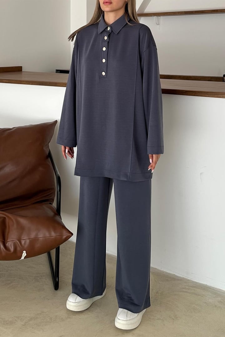 Gömlek Yaka Premium Örme Kumaş Tunik Pantolon Takım İNDİGO 9374-TK