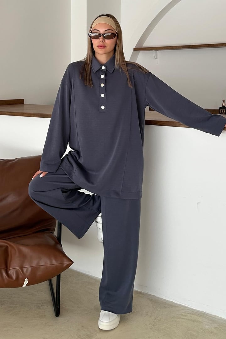 Gömlek Yaka Premium Örme Kumaş Tunik Pantolon Takım İNDİGO 9374-TK