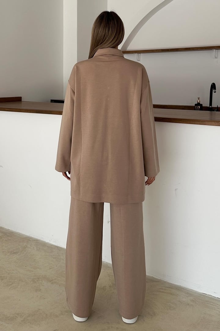 Gömlek Yaka Premium Örme Kumaş Tunik Pantolon Takım KAMEL 9374-TK