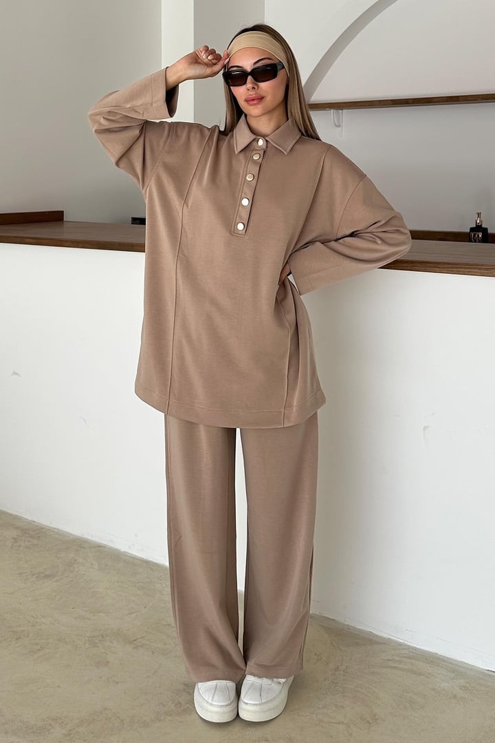 Gömlek Yaka Premium Örme Kumaş Tunik Pantolon Takım KAMEL 9374-TK