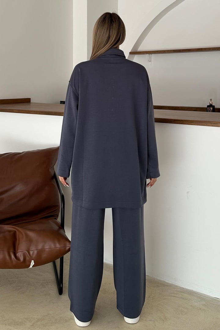 Gömlek Yaka Premium Örme Kumaş Tunik Pantolon Takım İNDİGO 9374-TK