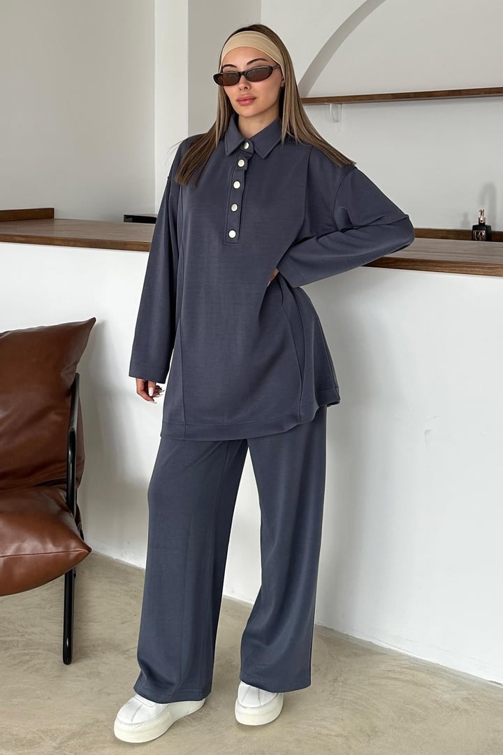 Gömlek Yaka Premium Örme Kumaş Tunik Pantolon Takım İNDİGO 9374-TK