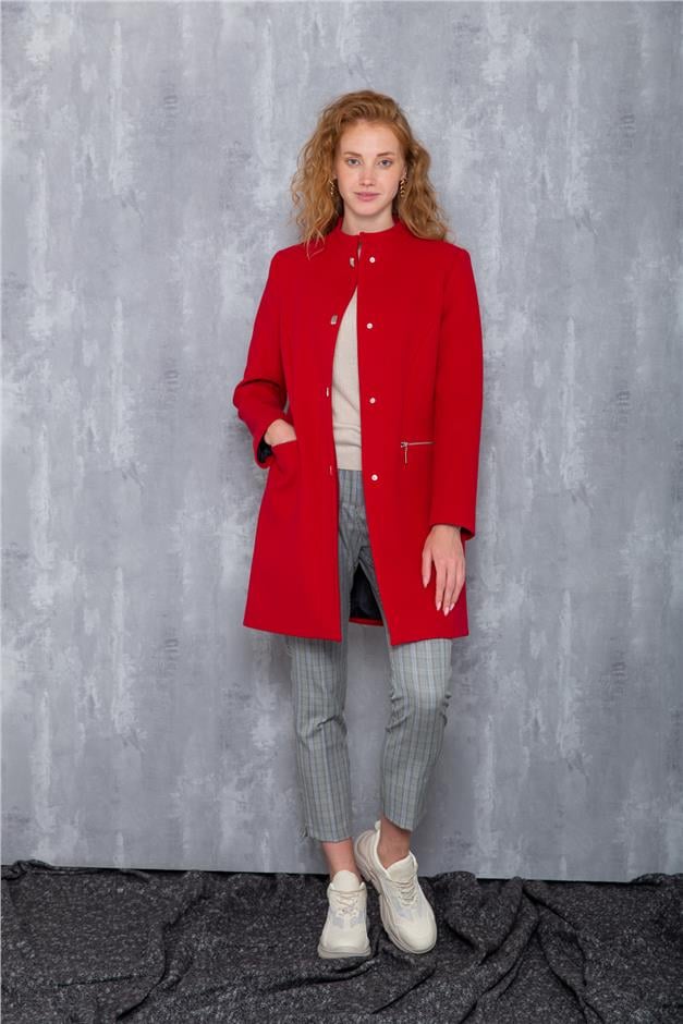 Hakim Yaka Çıtçıtlı Cebi Fermuarlı Kaban KIRMIZI 3621
