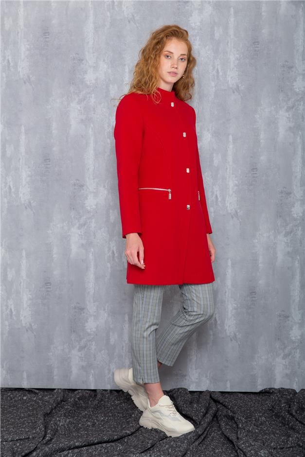 Hakim Yaka Çıtçıtlı Cebi Fermuarlı Kaban KIRMIZI 3621