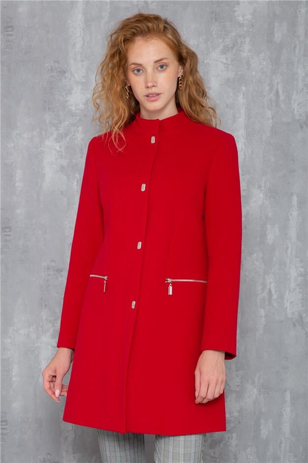 Hakim Yaka Çıtçıtlı Cebi Fermuarlı Kaban KIRMIZI 3621