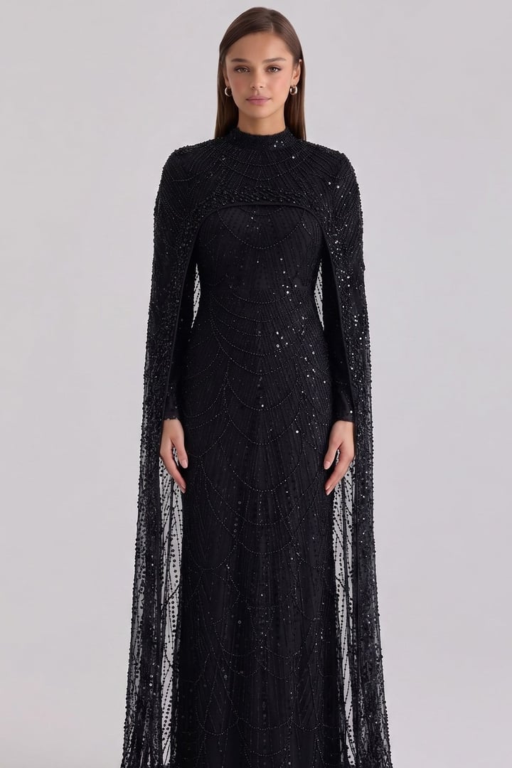 İnci ve Pul Bezeli Exclusive Tesettür Abiye Elbise SİYAH 1039