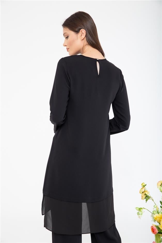 İşleme ve Şifon Detaylı Pantolon Tunik Takım SİYAH 9162