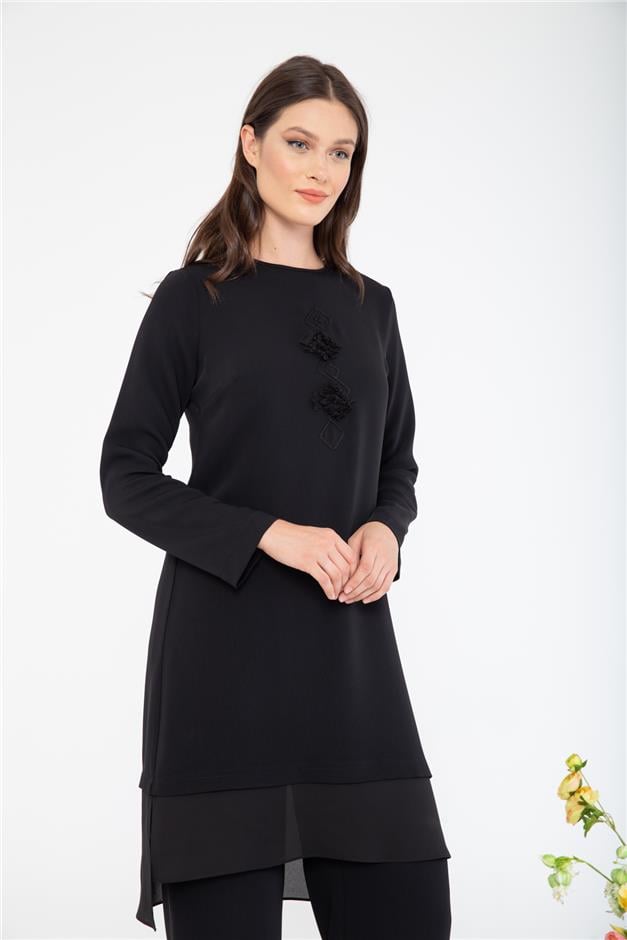 İşleme ve Şifon Detaylı Pantolon Tunik Takım SİYAH 9162