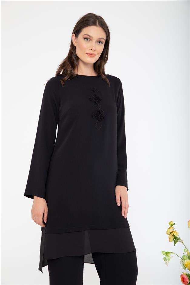 İşleme ve Şifon Detaylı Pantolon Tunik Takım SİYAH 9162