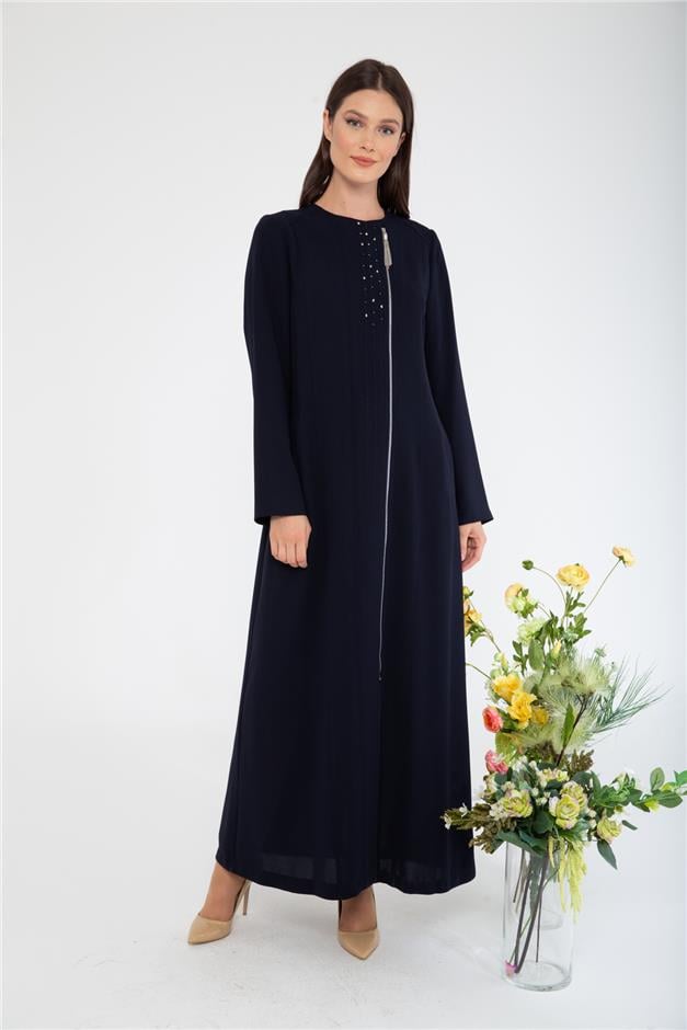 İşleme ve Taş Detaylı Fermuarlı Pardesü LACİVERT 6031