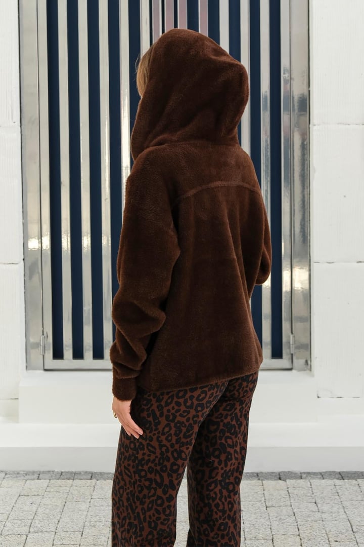 Kapüşonlu Bağcık Detaylı Angora Görünümlü Oversize Ceket KAHVE 8273