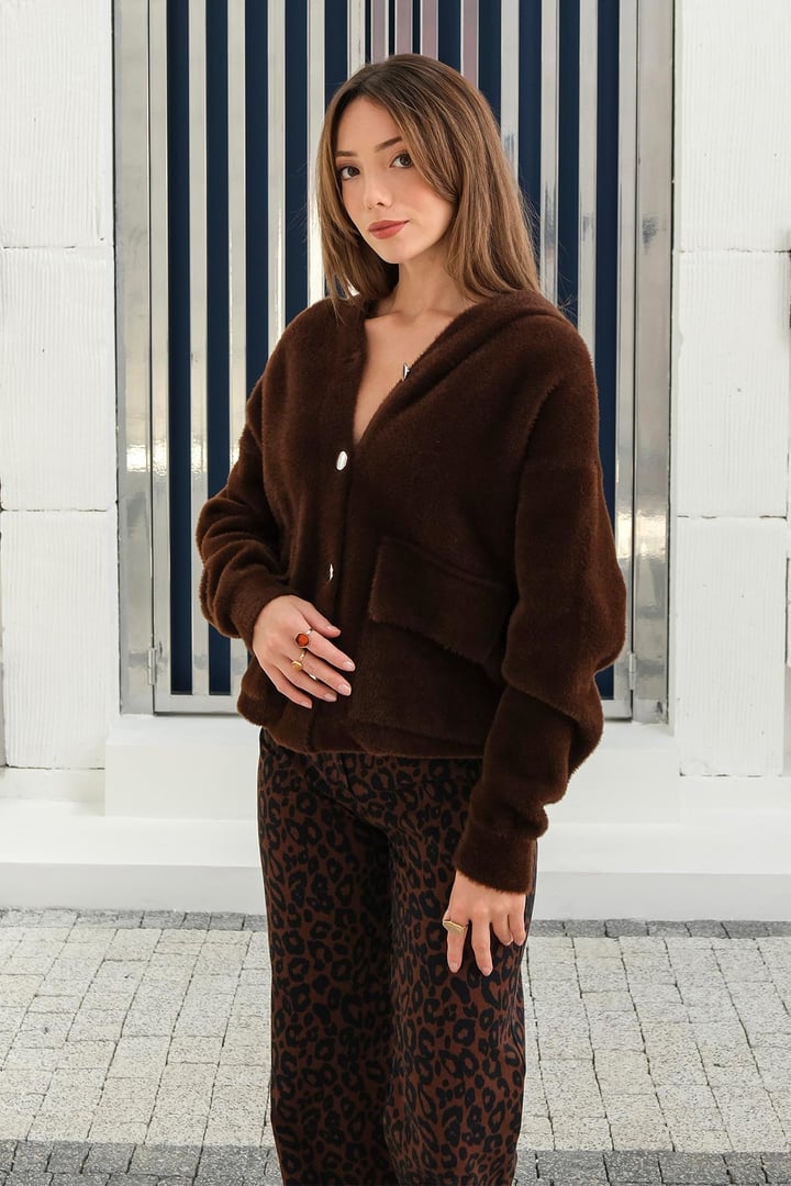 Kapüşonlu Bağcık Detaylı Angora Görünümlü Oversize Ceket KAHVE 8273