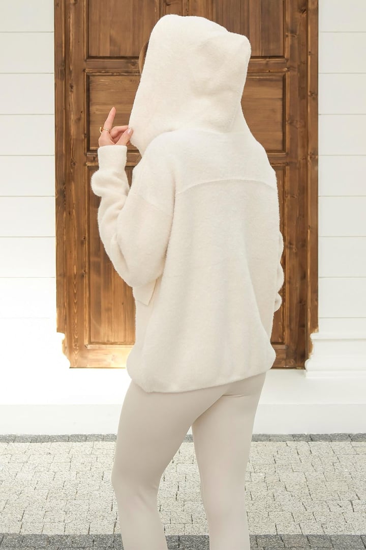 Kapüşonlu Bağcık Detaylı Angora Görünümlü Oversize Ceket EKRU 8273