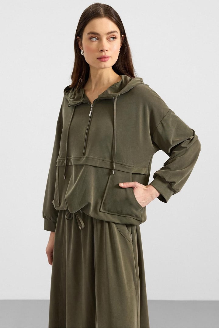Kapüşonlu Bağcık Detaylı Premium Kumaş Sweat Etek Takım HAKİ 9403-TK