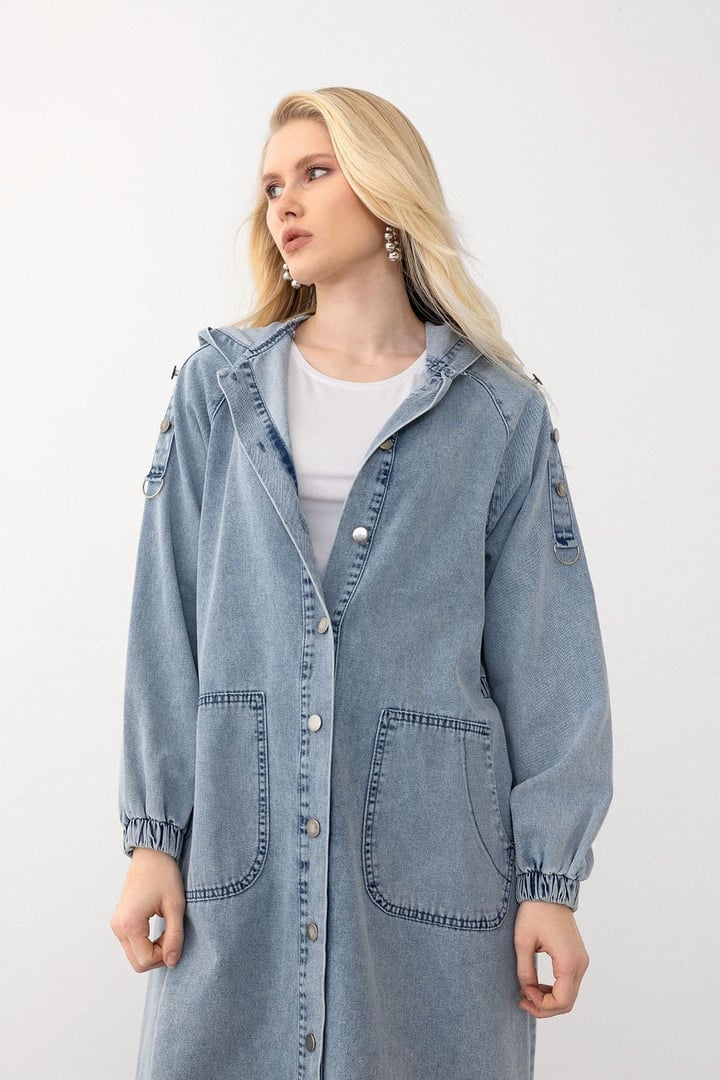 Kapüşonlu Düğme Detaylı Denim Kap MAVİ 6711