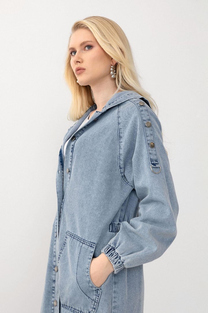 Kapüşonlu Düğme Detaylı Denim Kap MAVİ 6711