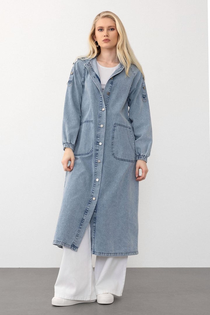 Kapüşonlu Düğme Detaylı Denim Kap MAVİ 6711